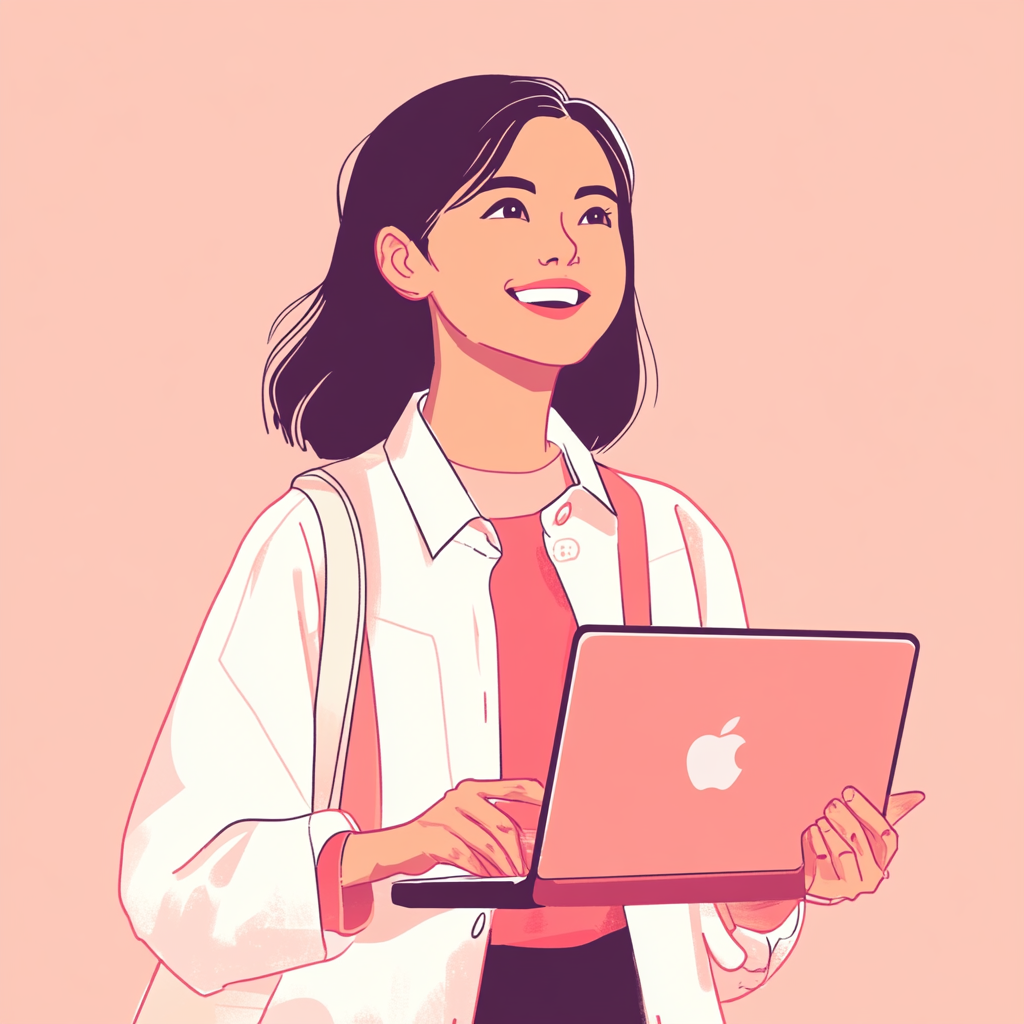 Illustrate 30-year-old Japanese woman with Mac computer.