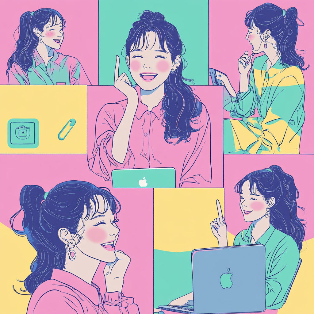 Illustrate Japanese woman with Mac computer in various moods.