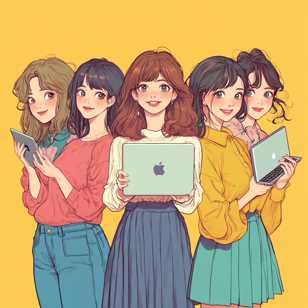 Illustrate five 30-year-old Japanese women with Mac computers.