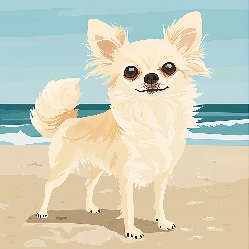 Illustrate long-haired Chihuahua on beach with ocean.