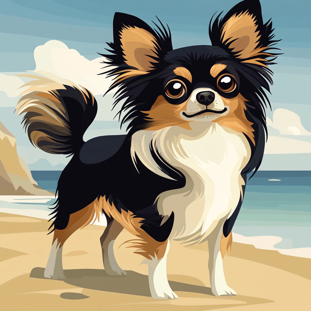 Illustrate single long-haired Chihuahua on beach. Flat design.