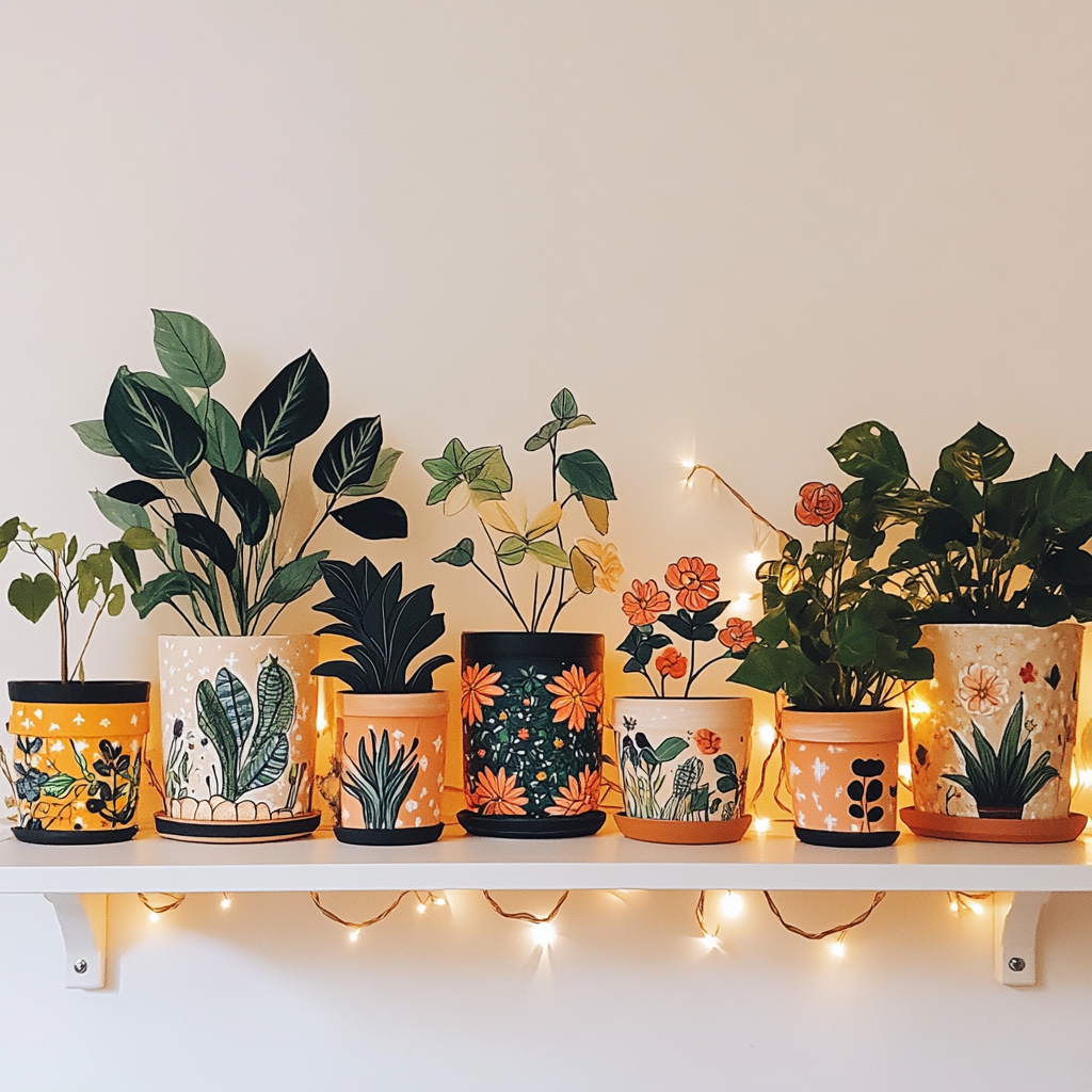 Illustrated flowers and houseplants on cozy shelf.