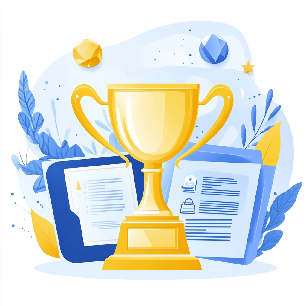 Illustrated trophy with stylized ribbons, certificates, success graphics.