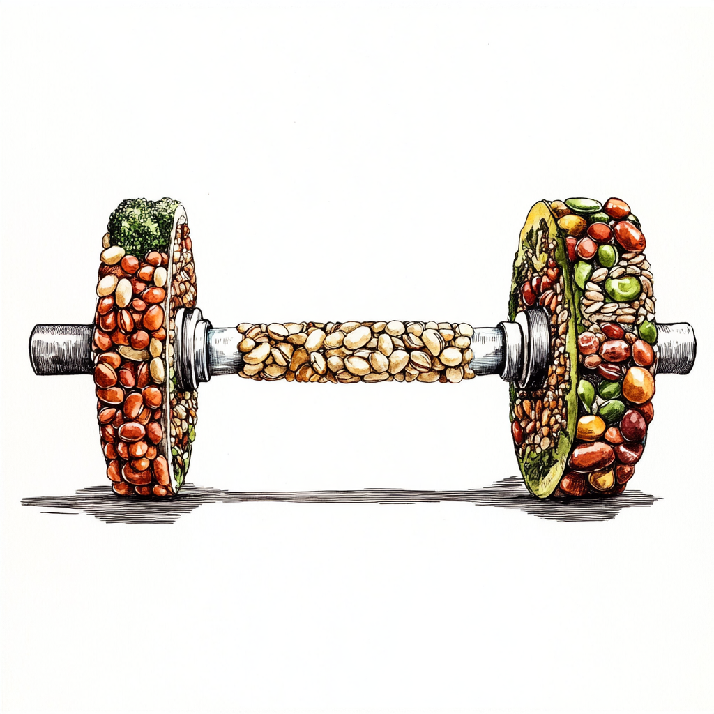 Illustration and drawing of barbell made of healthy foods.