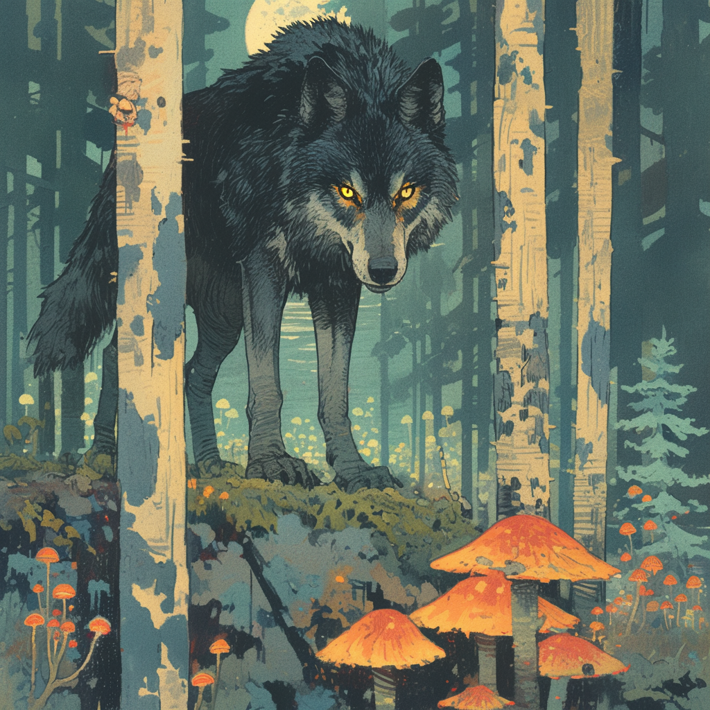 Illustration by Ivan Bilibin depicts boy on wolf.