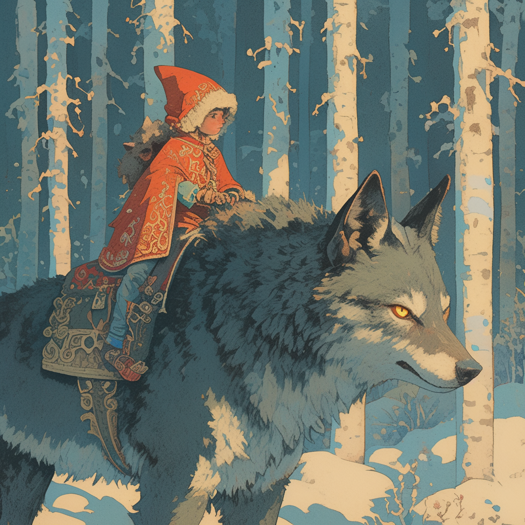 Illustration by Ivan Bilibin of boy riding wolf.