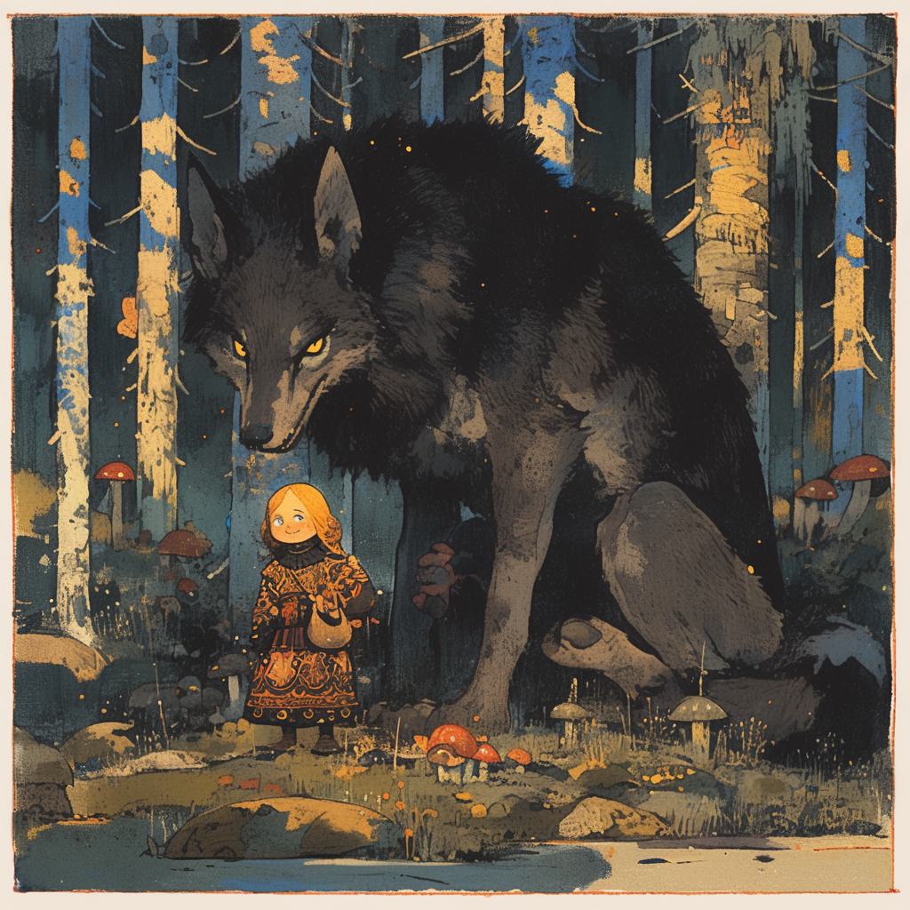 Illustration by Ivan Bilibin with wolf and boy.