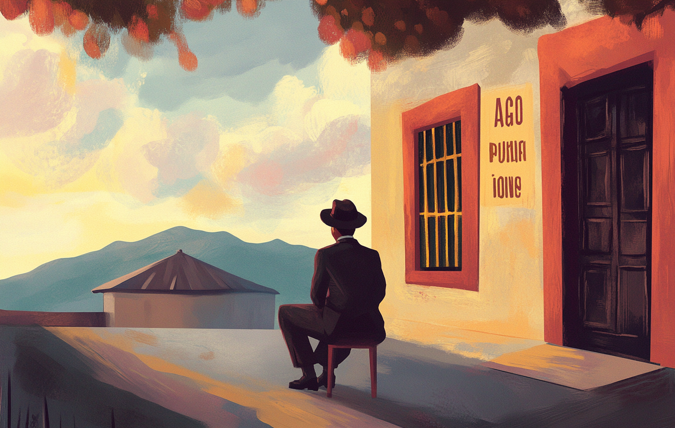 Illustration in Edward Hopper style with specified words.