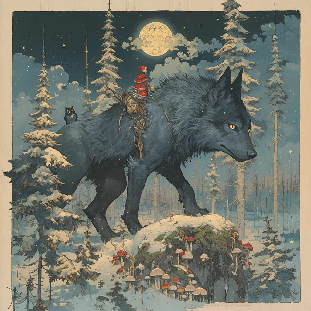 Illustration inspired by Russian fairy tales featuring wolf and boy.