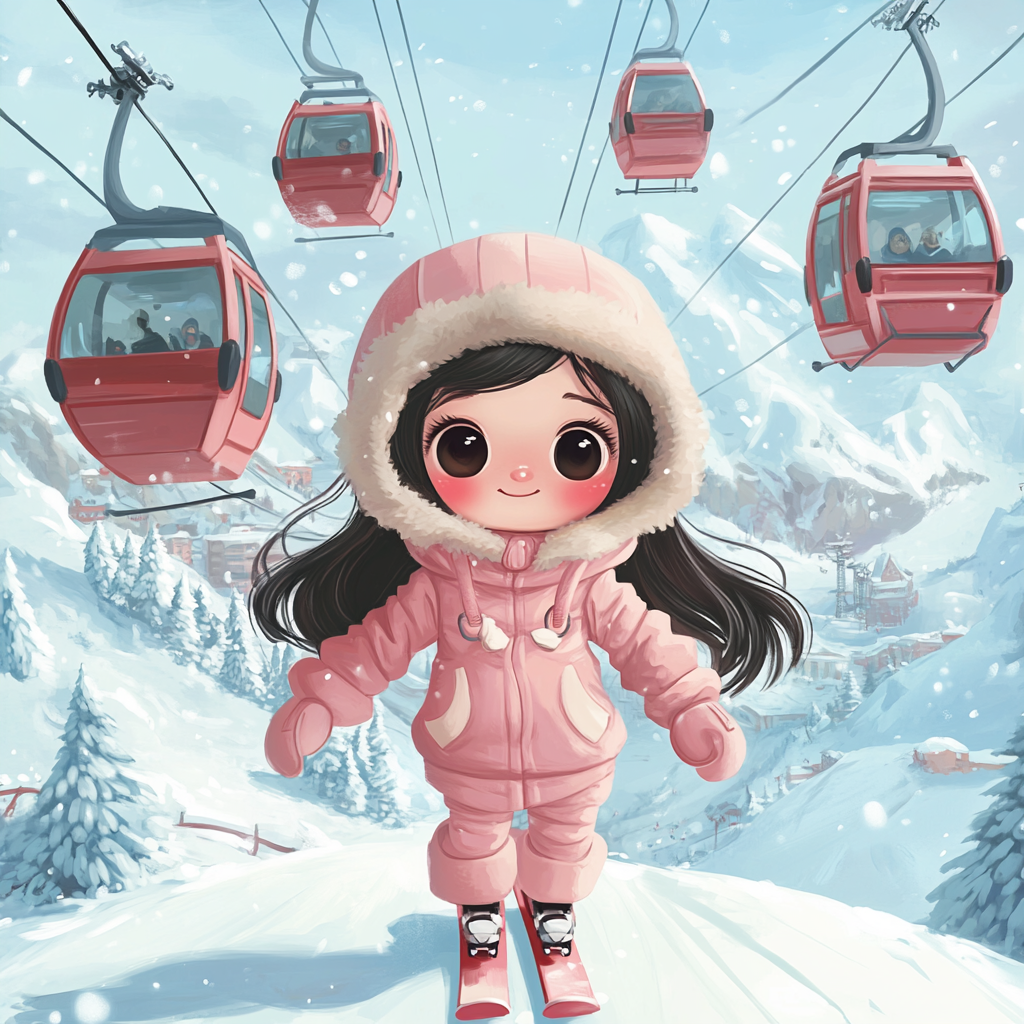 Illustration of 10 year old girl skiing happily.