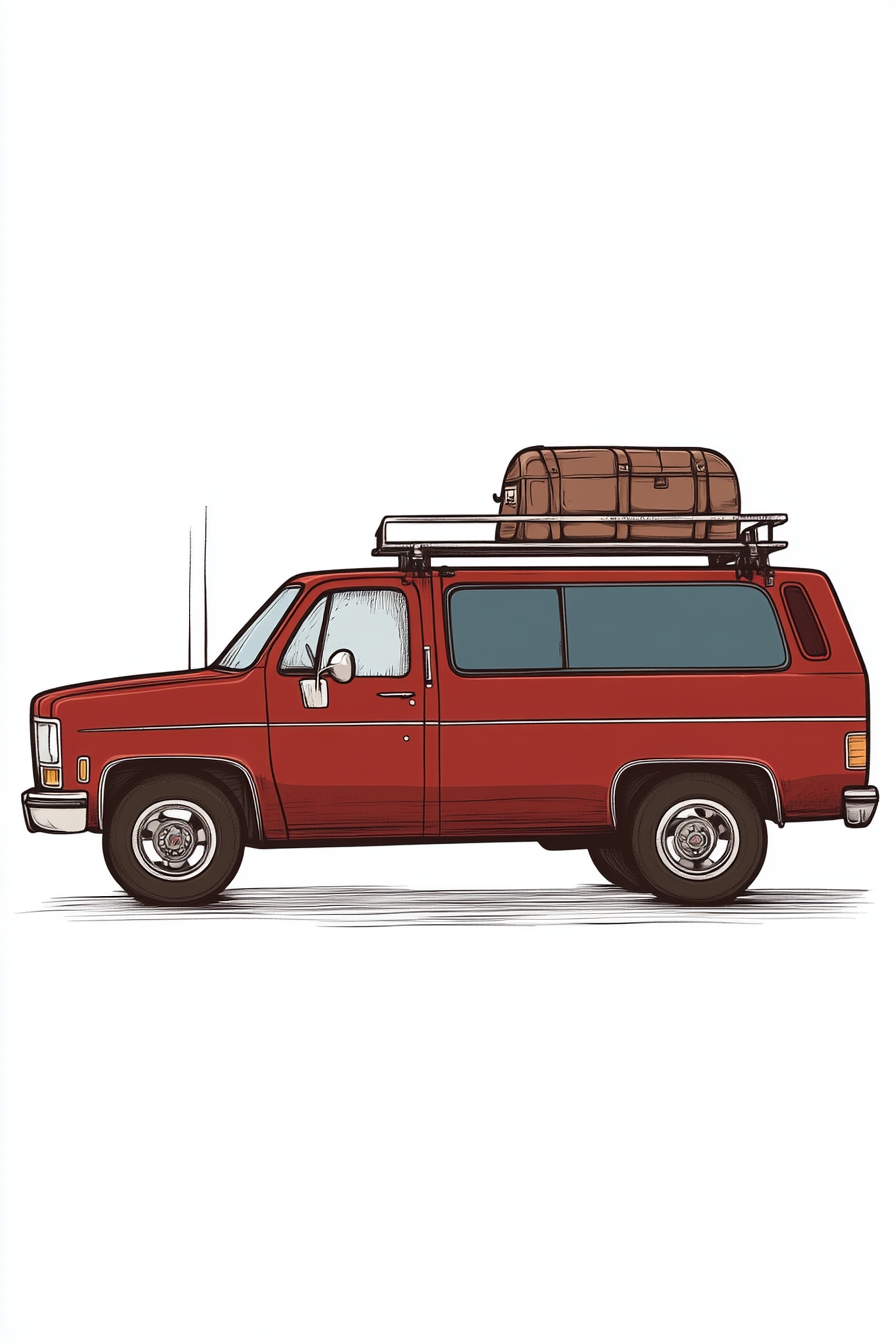 Illustration of 1980s red Chevy van with luggage.