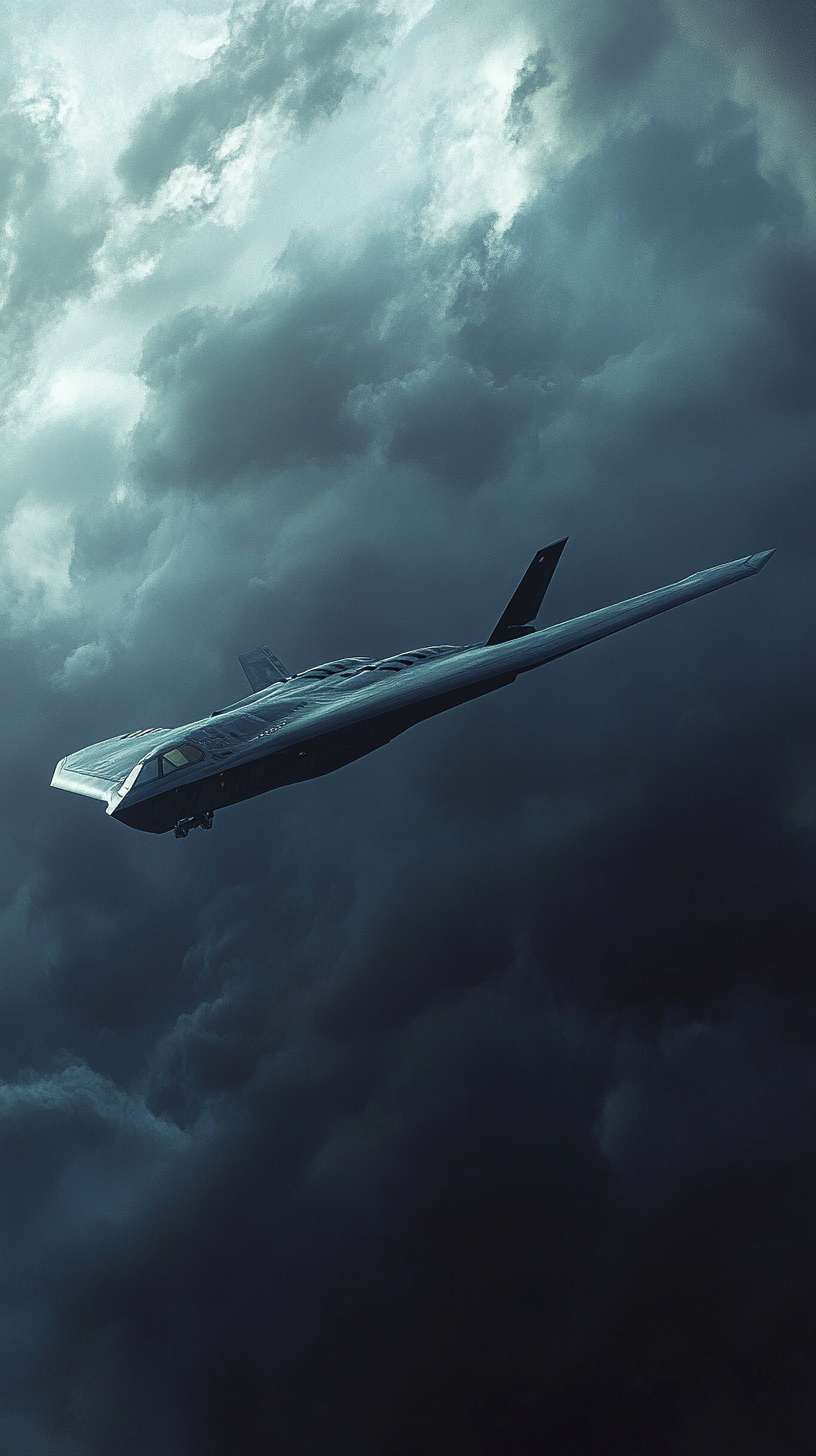 Illustration of B-21's sleek, stealth design against stormy sky.