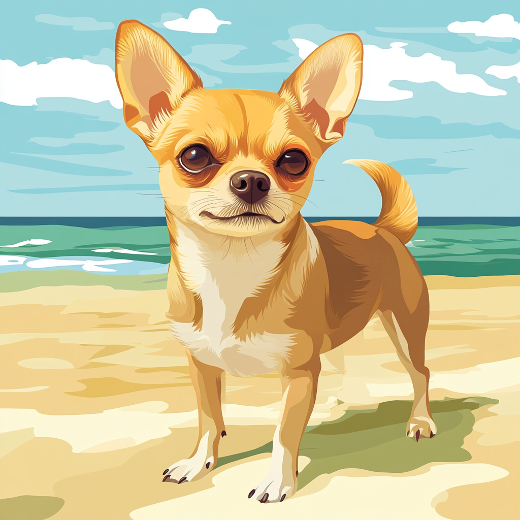 Illustration of Chihuahua on beach with calm expression.