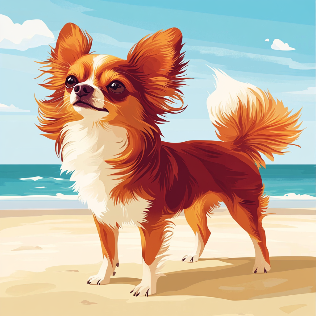 Illustration of Chihuahua with long hair on beach.