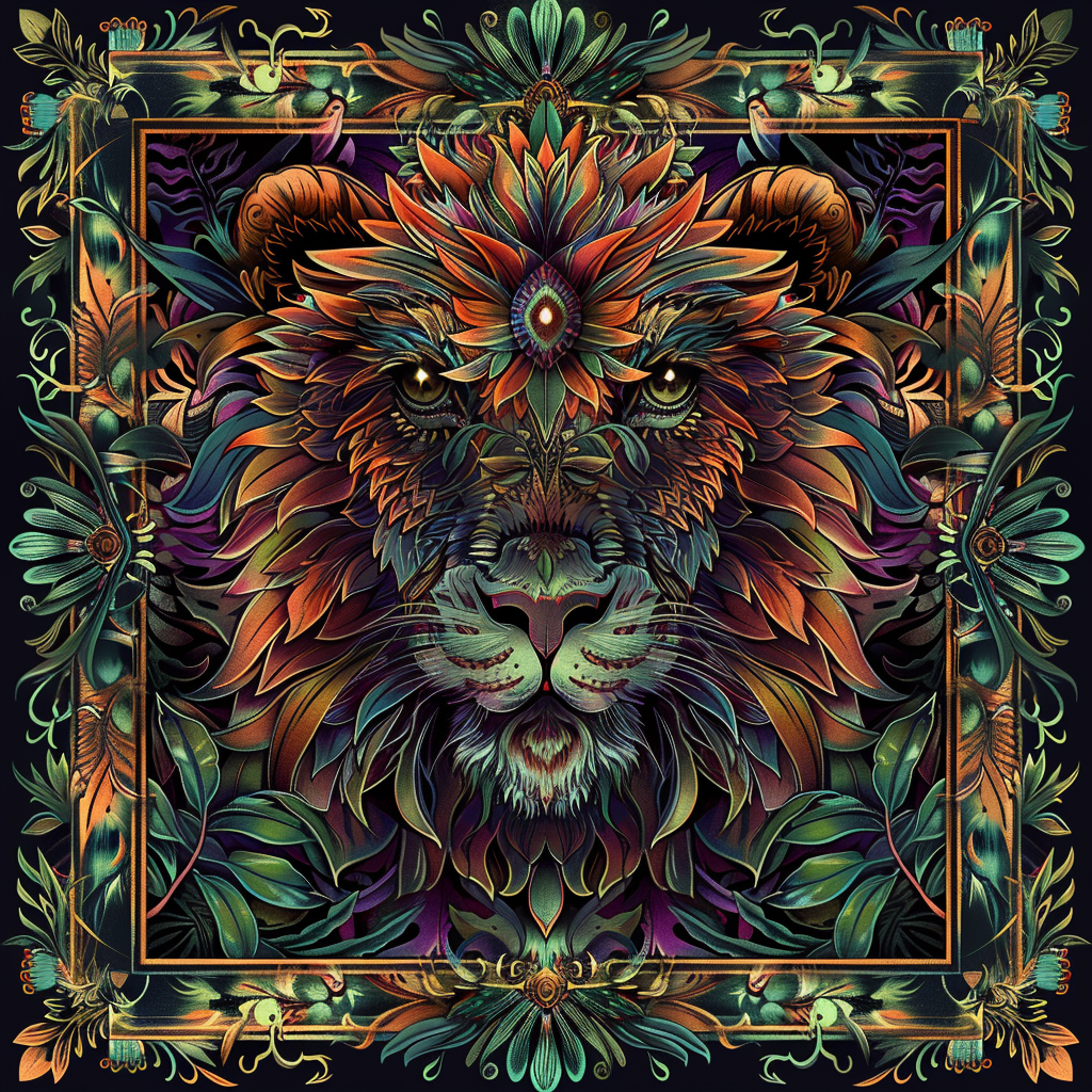 Illustration of Exotic Animal with Psychedelic Foliage on Retro Vintage Background