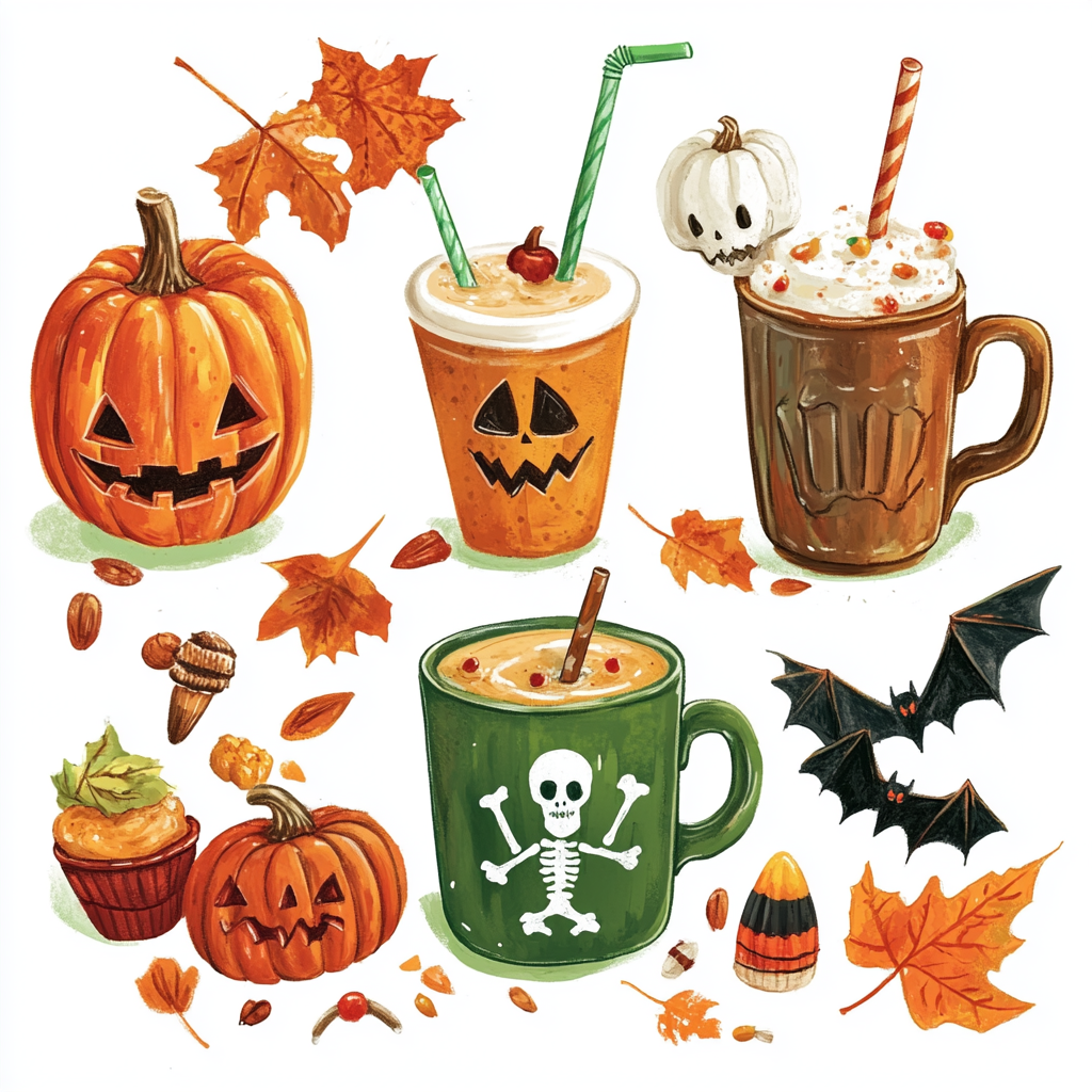 Illustration of Halloween and autumn-themed drinks in mugs.