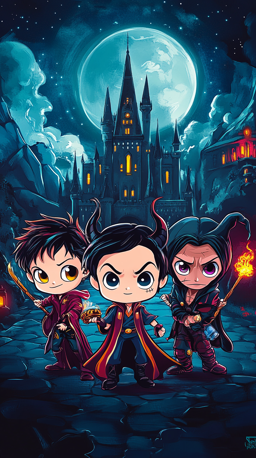 Illustration of Maleficent, Luffy, Iron Man, Jafar, Groot.