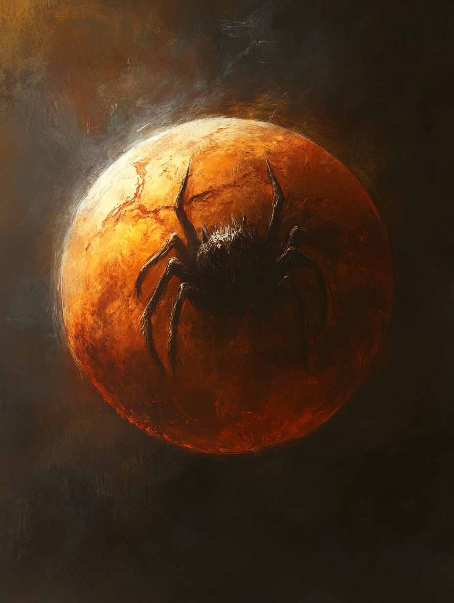 Illustration of Mars with shadow of insect monster.