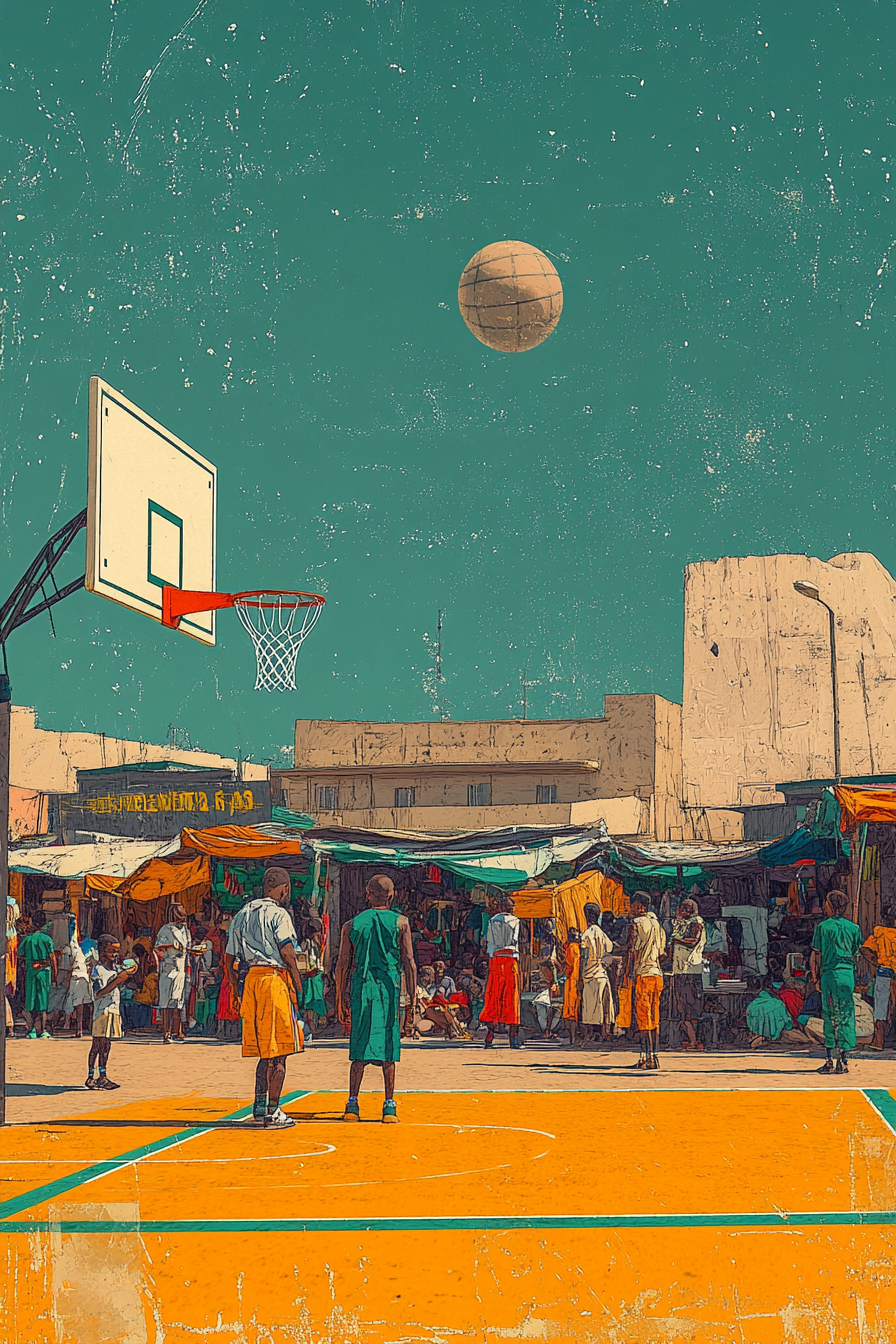 Illustration of Nigerian basketball court with vibrant colors and locals.