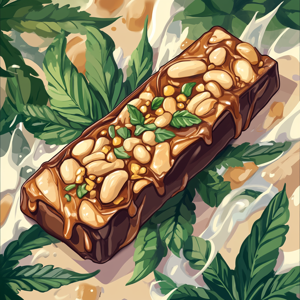 Illustration of Snickers bar with cartoon cannabis leaves.