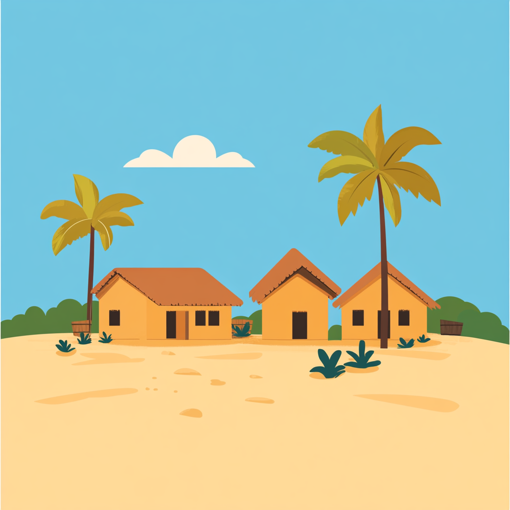 Illustration of a simple Madagascar village with palm trees.