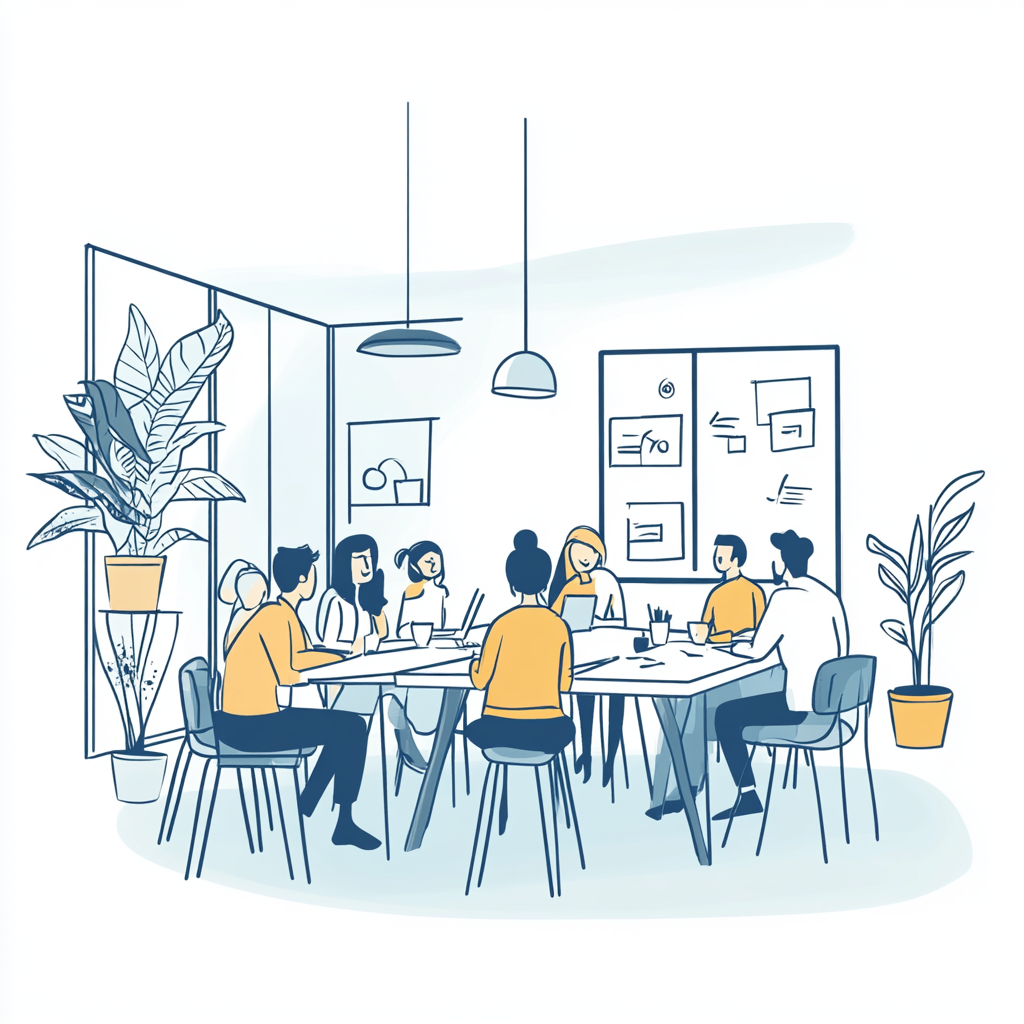 Illustration of a warm, connected business meeting room.