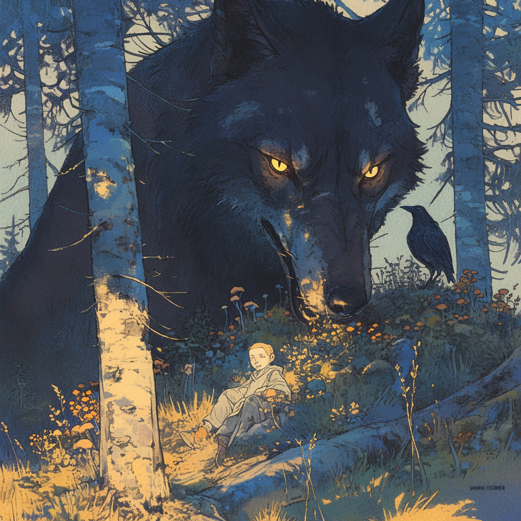 Illustration of a wolf and boy in forest.