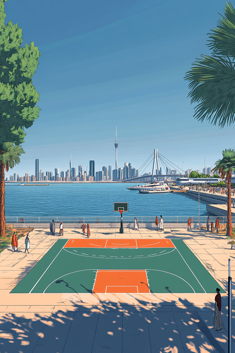 Illustration of basketball court by Kuwait coast, with locals.