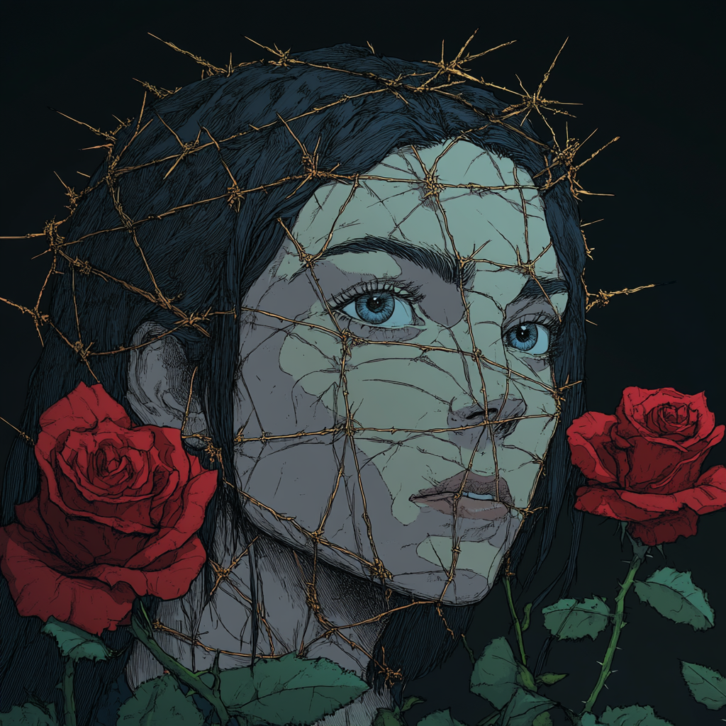 Illustration of blue eyed queen with red roses.