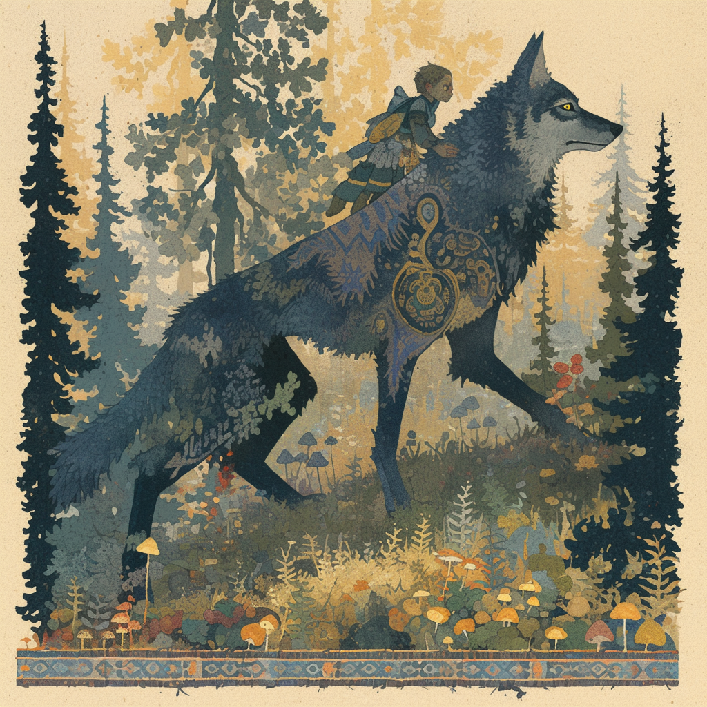 Illustration of boy riding wolf in dark forest.