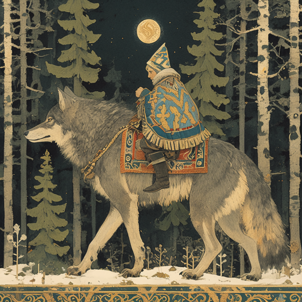 Illustration of boy riding wolf through forest at night.