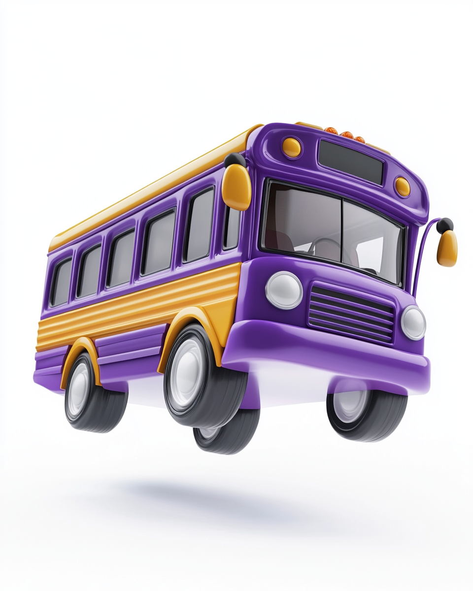 Illustration of bus jumping in air, purple logo.