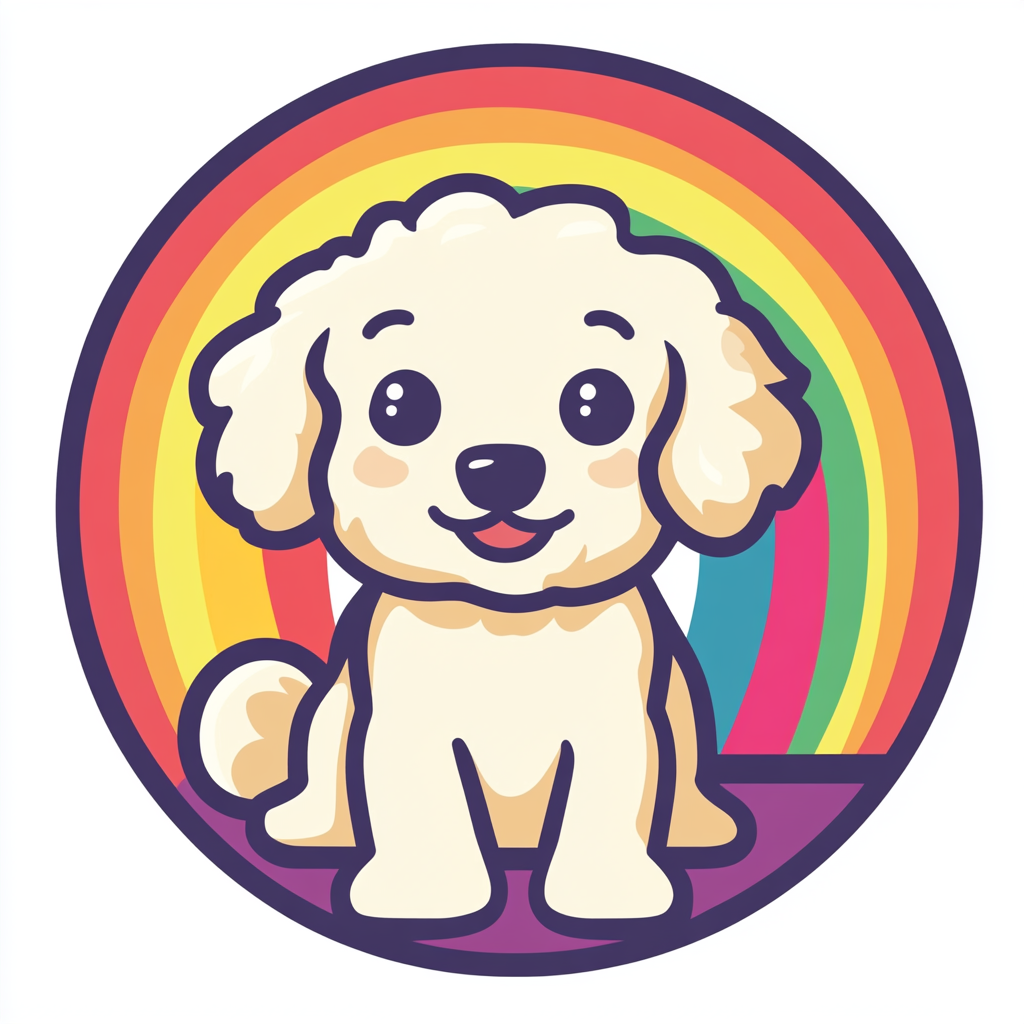 Illustration of cheerful puppy getting groomed with rainbow background.