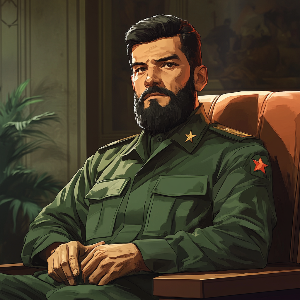 Illustration of communist dictator at 20, wearing fatigues.