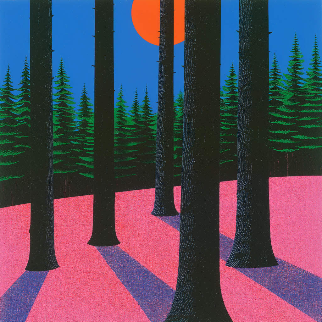 Illustration of dark German forest with strong shadows.