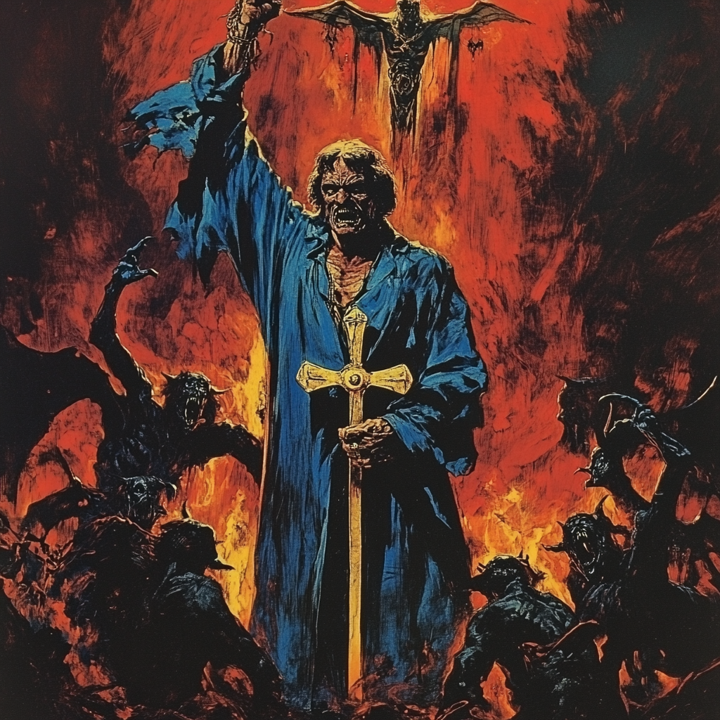 Illustration of devil in blue robes surrounded by demons