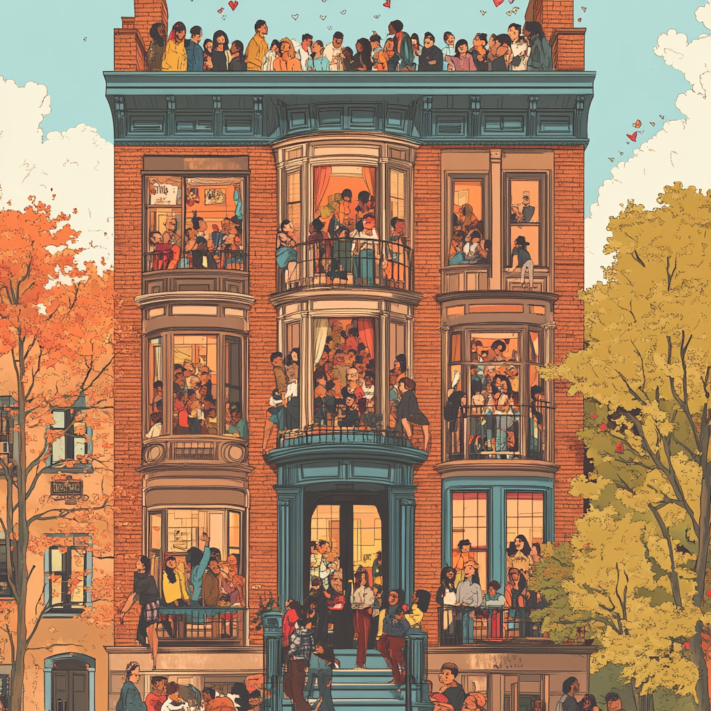 Illustration of diverse, crowded brownstone - chaotic, love-filled.