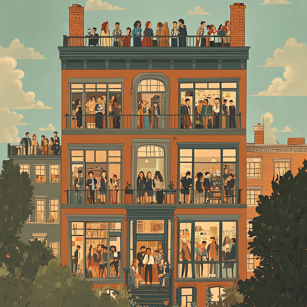 Illustration of diverse people in Brooklyn brownstone apartment.