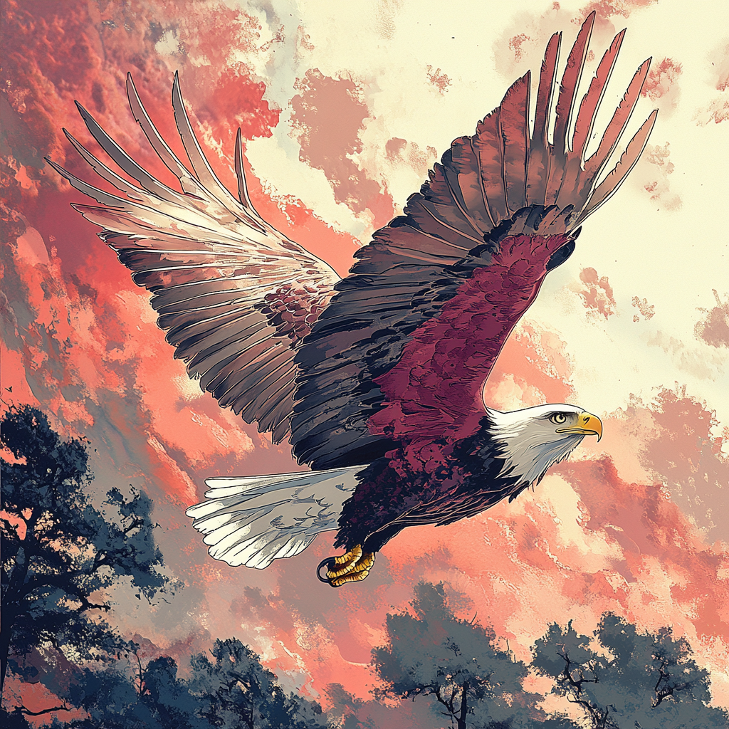 Illustration of eagle flying over landscape, vivid colors.