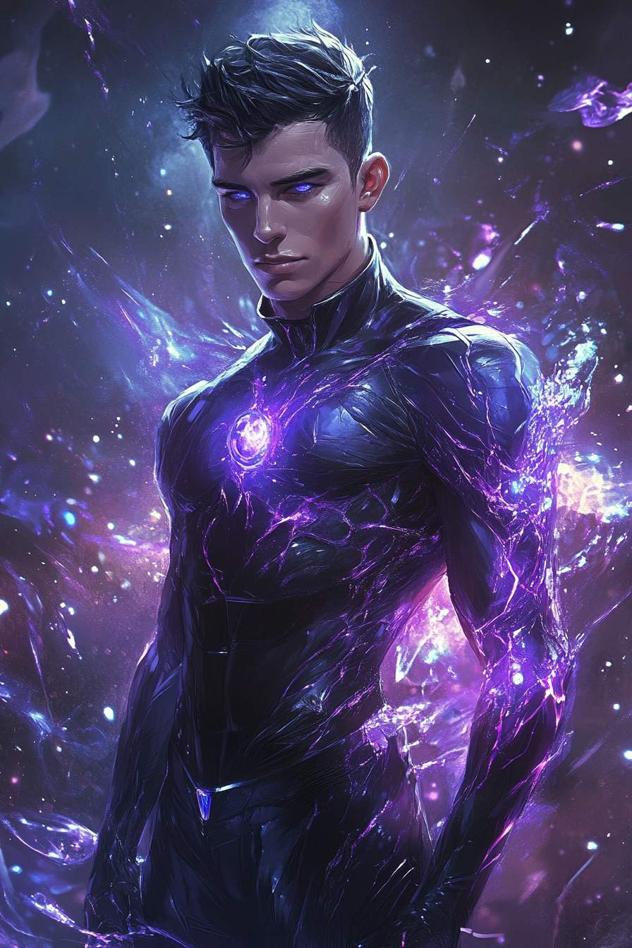 Illustration of elegant, futuristic young man with cracked body.