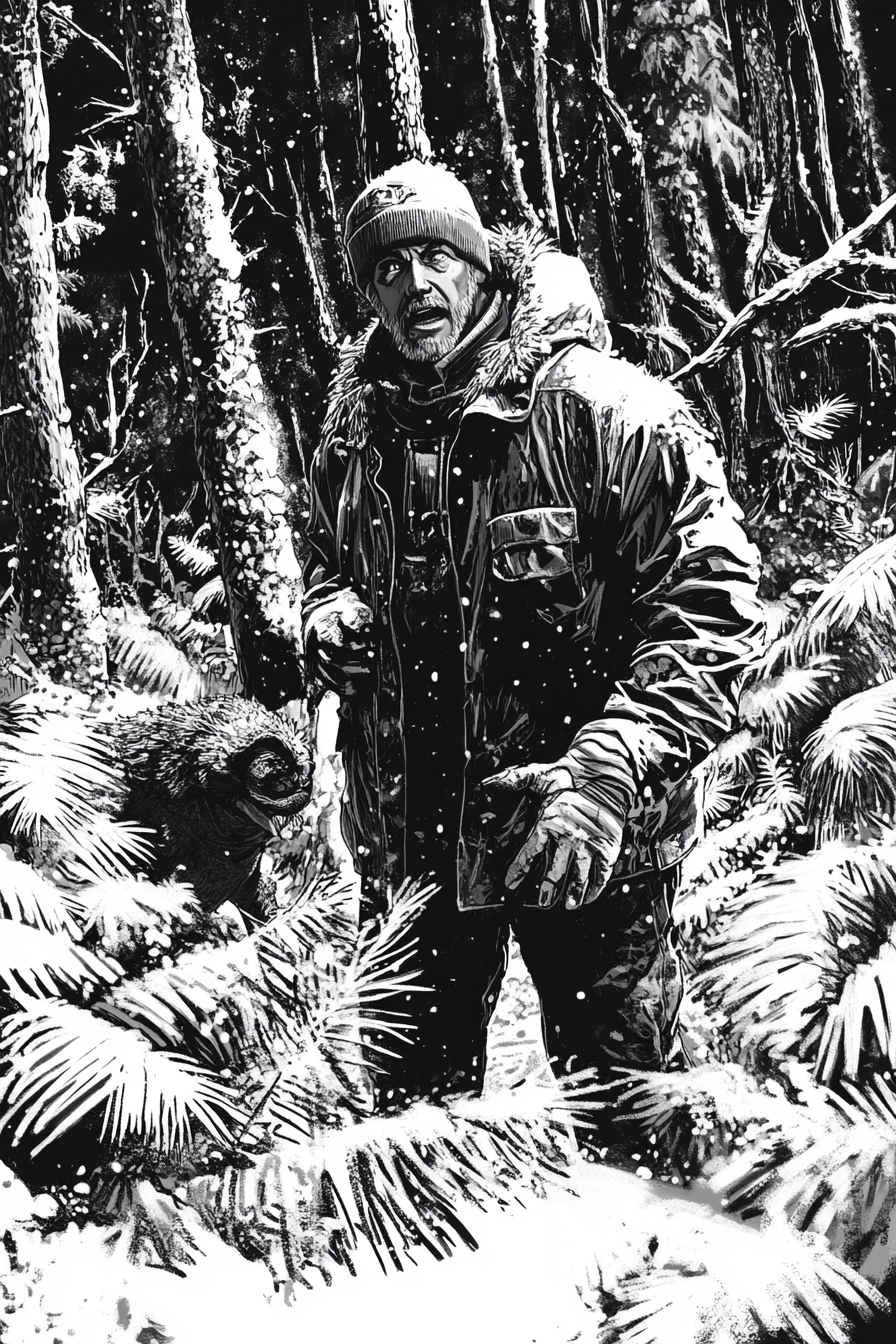 Illustration of explorer in winter gear in dinosaur forest.