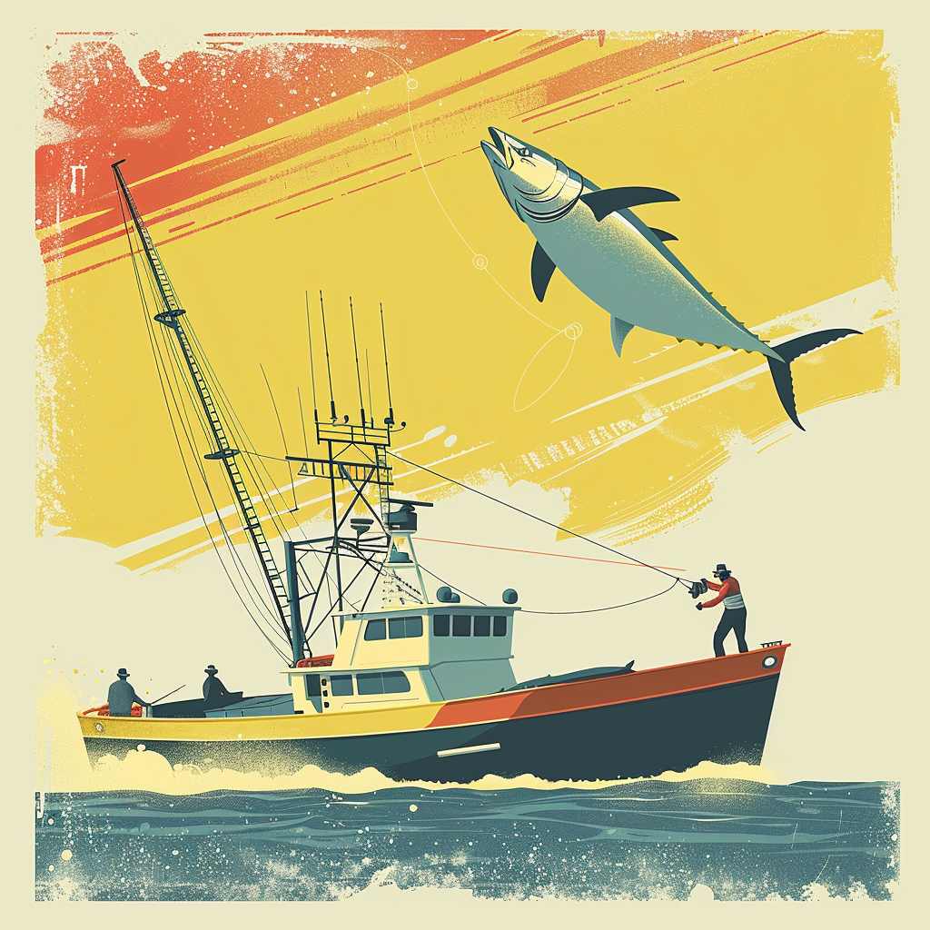 Illustration of fishing boat 'The Steamin Seamen' in action.