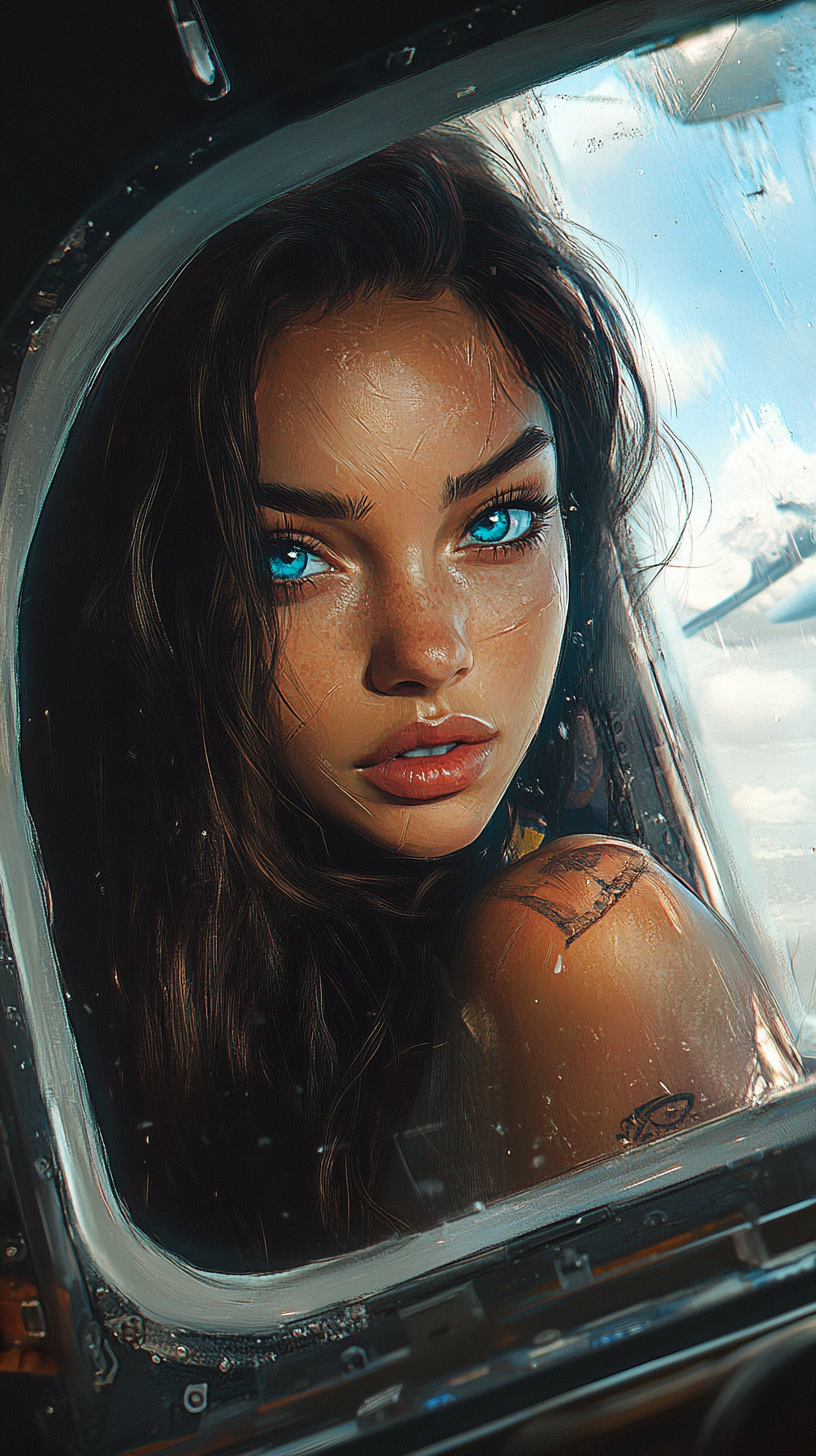 Illustration of girl with blue eyes in airplane cockpit.