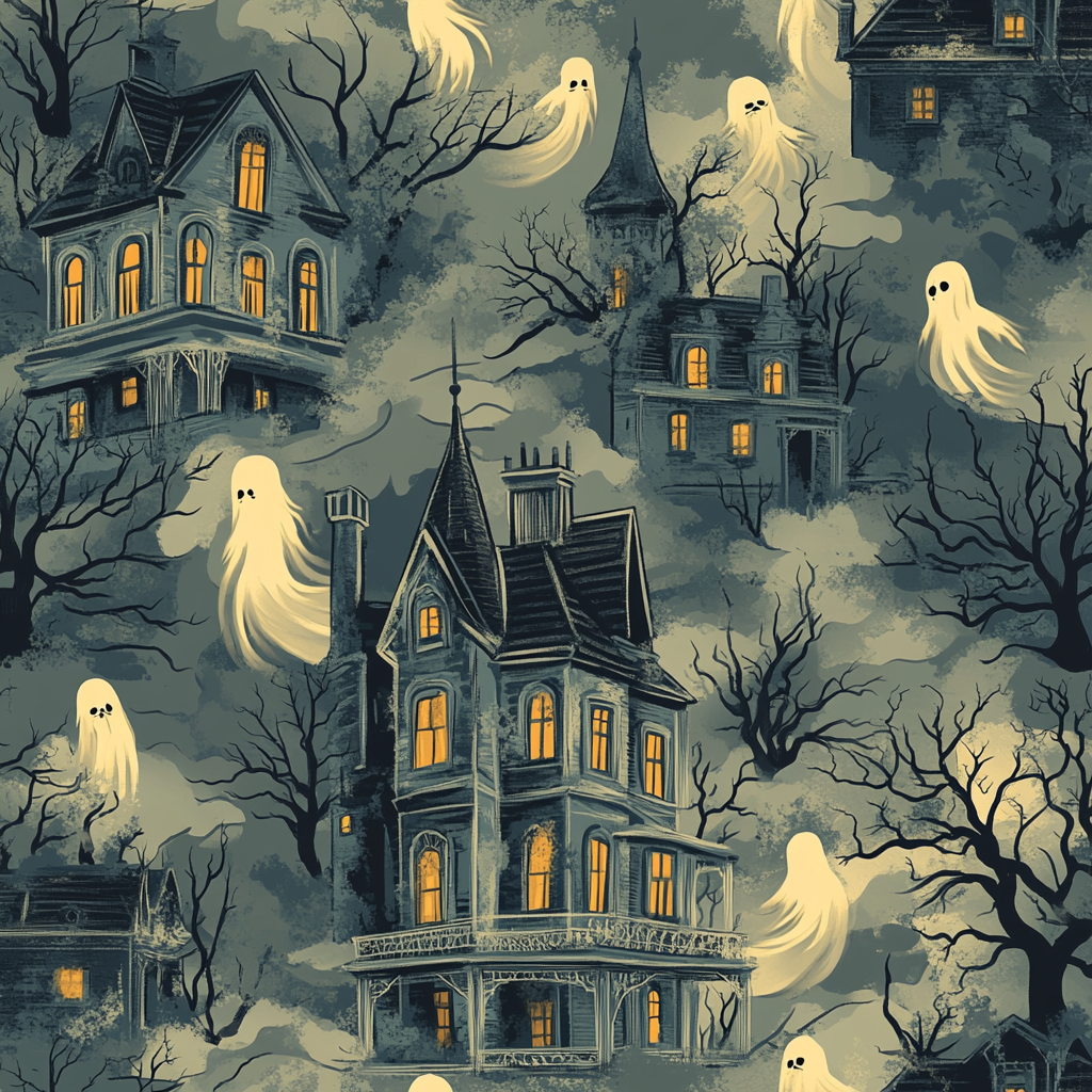 Illustration of haunted mansion with eerie ghostly figures.