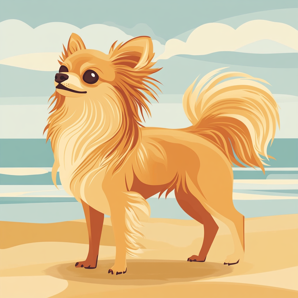 Illustration of long-haired Chihuahua on beach with lion-like fur.