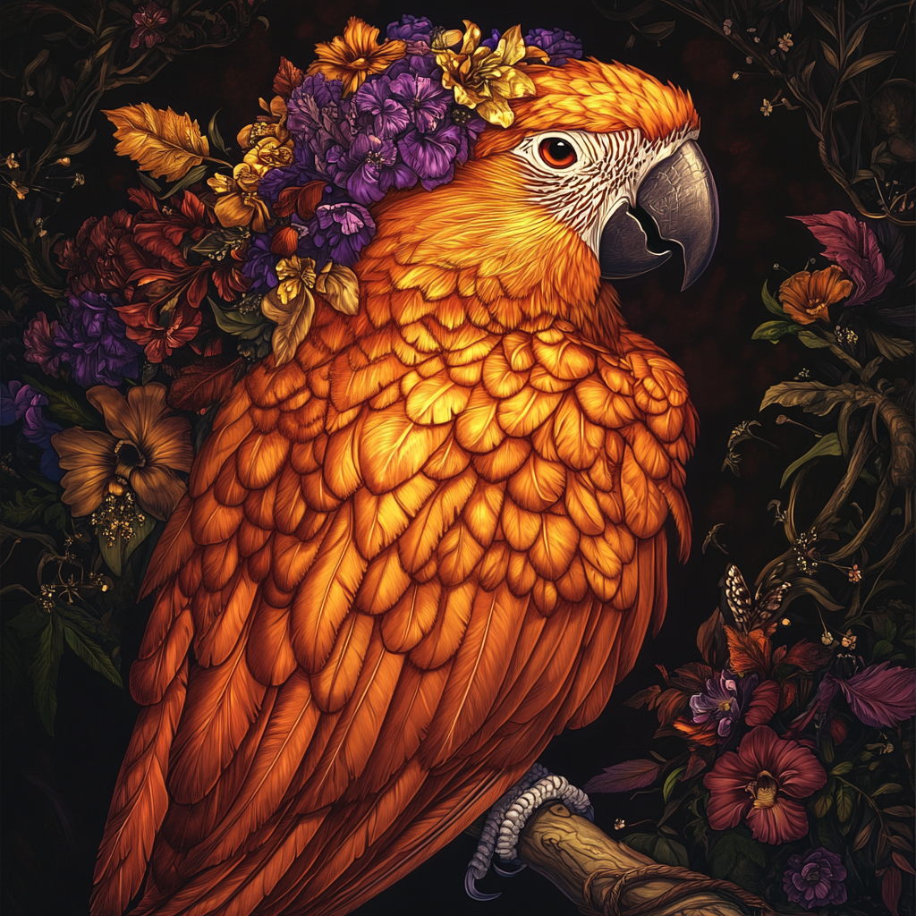 Illustration of majestic orange parrot with royal crown.