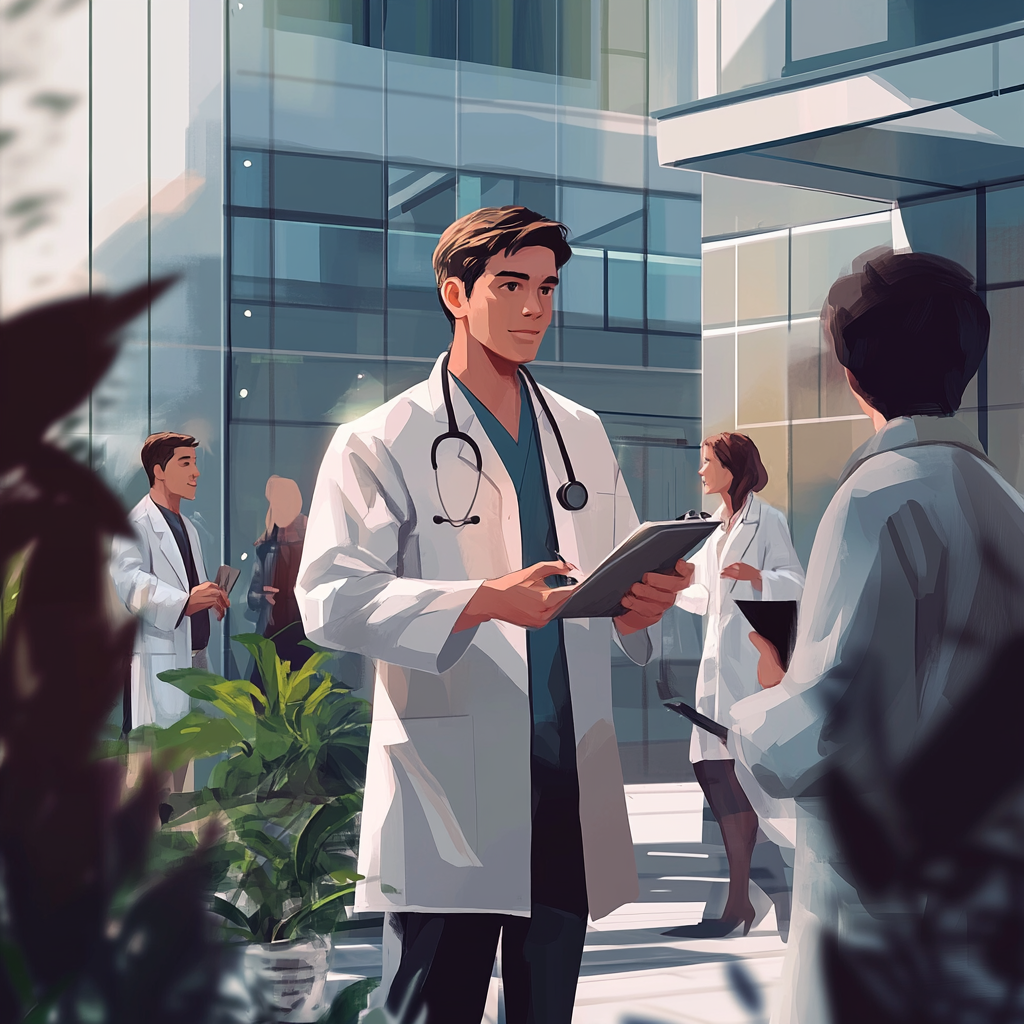 Illustration of male doctor interacting with healthcare colleagues.