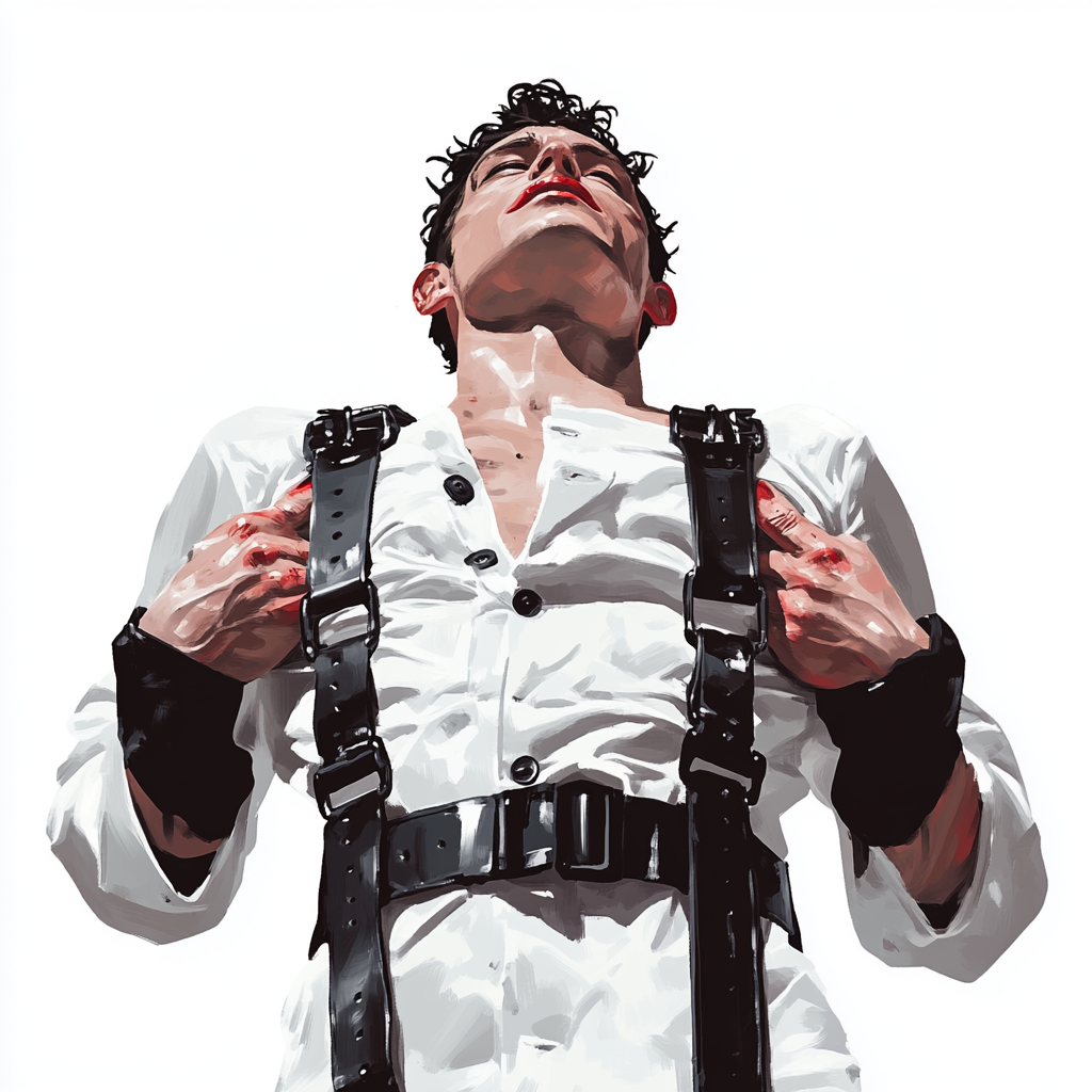 Illustration of man in white with black leather restraints.