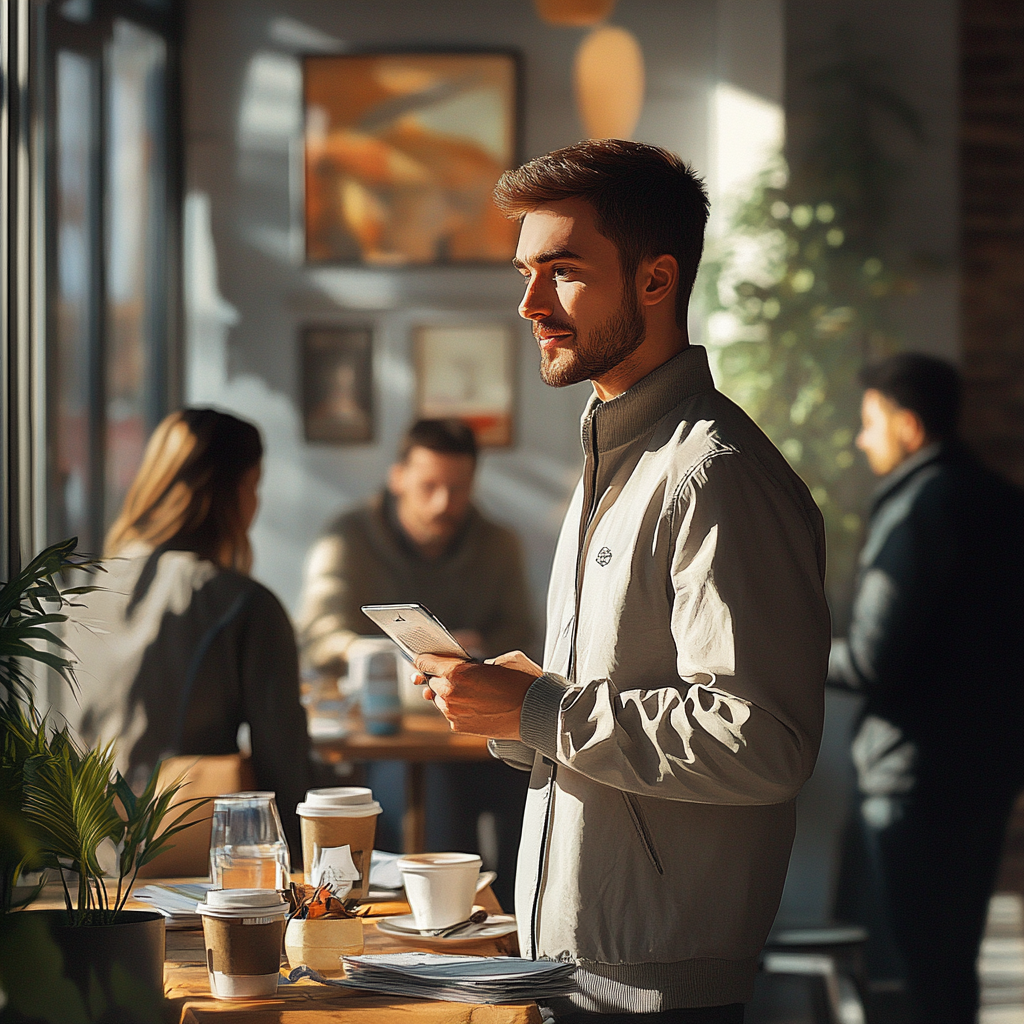 Illustration of man in work clothes at cafe.