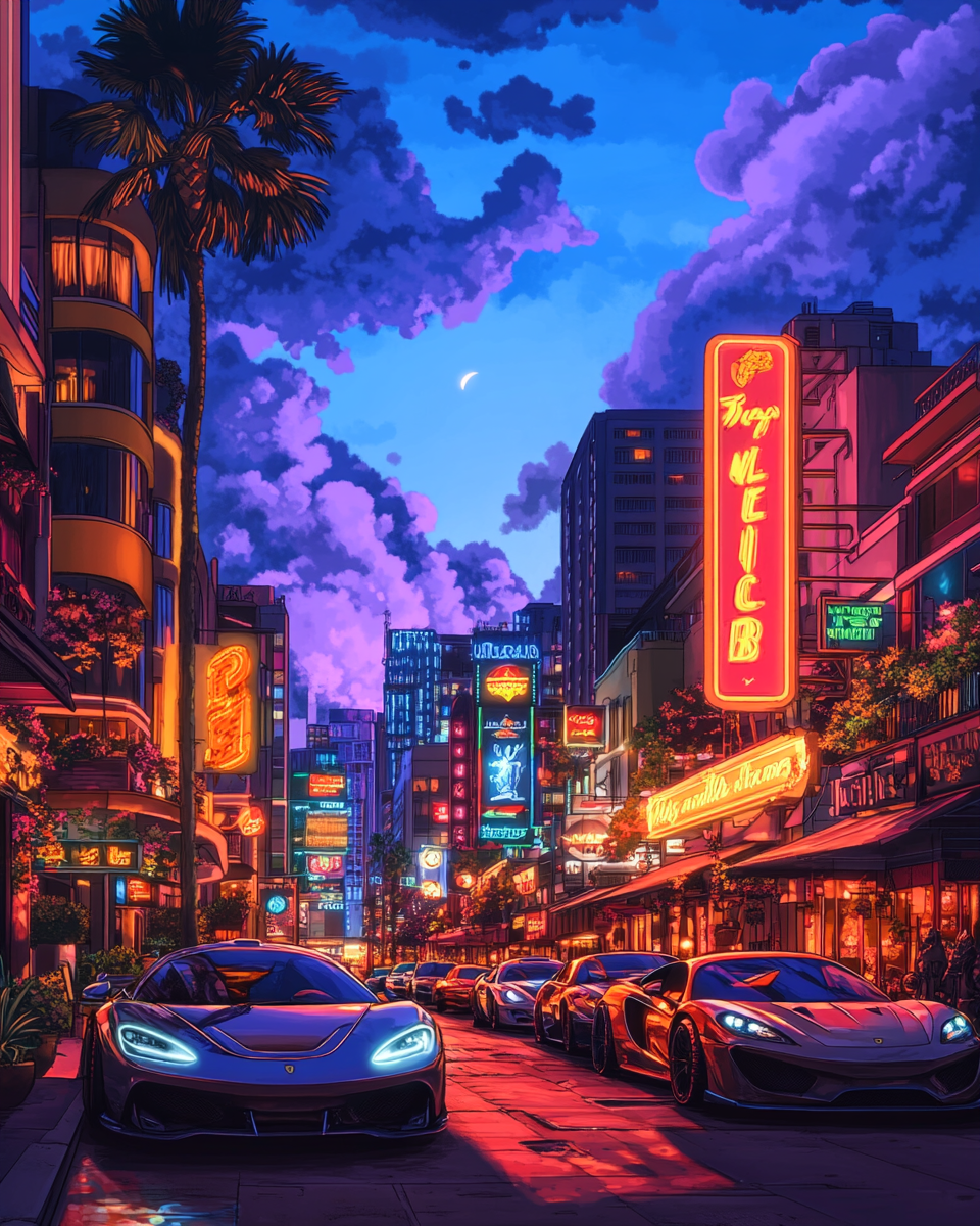 Illustration of nightclub with neon sign, parked sports cars.